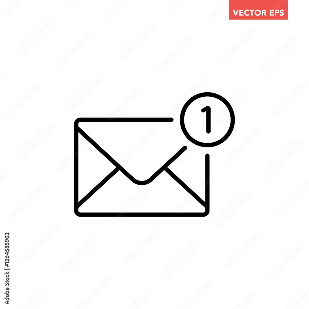Black single new email notification line icon, simple one incoming mail flat design pictogram vector for app logo ads web webpage button ui ux interface elements isolated on white background Black single new email notification line icon, simple one incoming mail flat design pictogram vector for app logo ads web webpage button ui ux interface elements isolated on white background