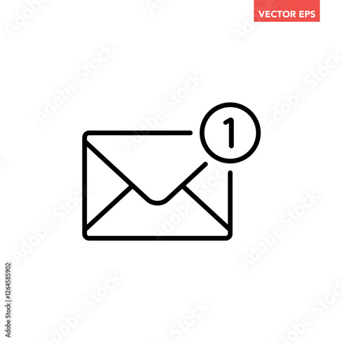 Black single new email notification line icon, simple one incoming mail flat design pictogram vector for app logo ads web webpage button ui ux interface elements isolated on white background