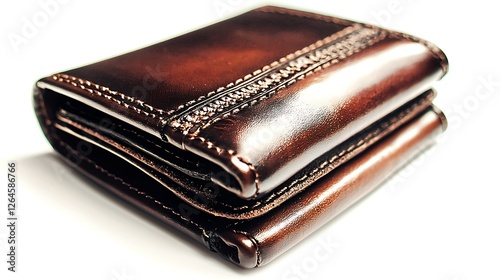 Brown Leather Wallet Folded, Display, Close Up. Possible use for showcasing wallet quality, material, craftsmanship photo