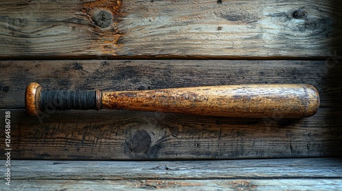 Vintage wooden baseball bat resting on rustic wooden planks, evoking nostalgia and sports history photo