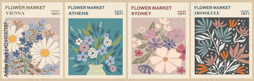 Set of abstract Flower Market posters. Trendy botanical wall arts with floral design in danish pastel colors. Modern naive groovy funky interior decorations, paintings. Vector art illustration.