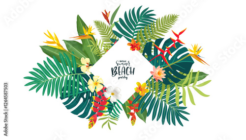 Tropical floral greeting card, Hawaiian vibe. Vibrant summer design, hibiscus, plumeria, lush jungle. Watercolor illustration, greenery frame. Modern template, beach weddings, vacation parties