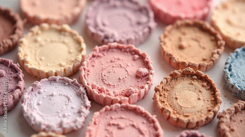 A set of pastel-colored eyeshadow pans arranged in a circular pattern with soft natural lighting, showcasing vibrant colors and smooth textures. Perfect for beauty and artistic concepts. A set of pastel-colored eyeshadow pans arranged in a circular pattern with soft natural lighting, showcasing vibrant colors and smooth textures. Perfect for beauty and artistic concepts.