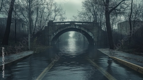Submerged cityscape under vintage bridge, reflection of climate change perils