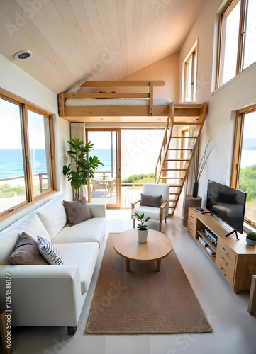 A Cabin interior white with perspective viewing the entire space, view of the ocean