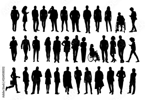 Silhouettes of diverse business people standing, walking, men, women full length, disabled persons sitting in wheelchair. Inclusive business concept. Vector illustration on transparent background.