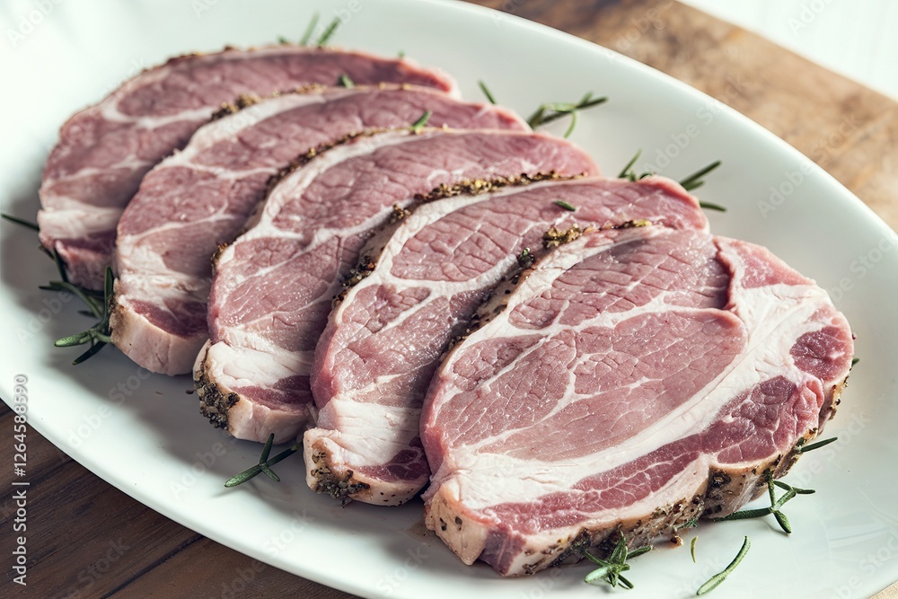 raw sliced pork steaks on a white plate raw sliced pork steaks on a white plate