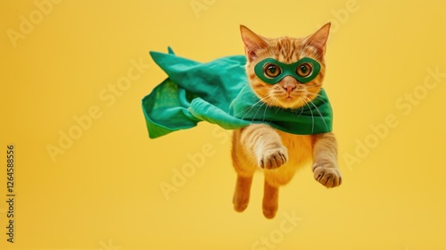 Cat superhero soaring through the air in a vibrant cape