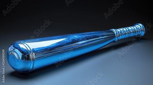 Shiny blue baseball bat resting on a dark surface with subtle reflections and shadows photo