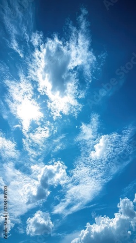 Bright blue sky filled with fluffy white clouds, creating a serene atmosphere for relaxation