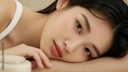 Close-up of a beautiful skinned woman who cares about skin care, looking at the camera and resting her cheek on her hand. A beautiful and lovely image with a plain skin and skin texture.