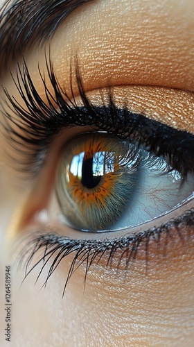 Close-up of a woman's eye showcasing intricate details and vibrant colors, with reflections