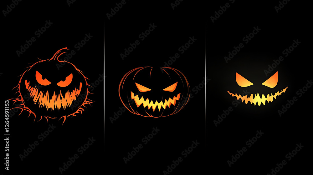Naklejka premium Spooky Pumpkin Faces Collection on Black Backdrop for Halloween Graphic Design and Decoration