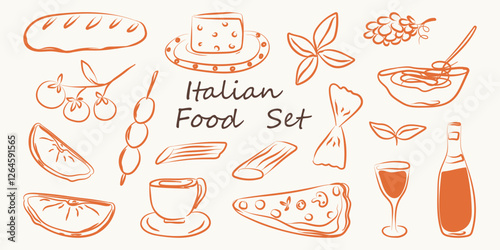 Hand drawn italian food set in chalk crayon style. Doodle sketch dish with pizza, cheese, pasta, olives, bottle wine, italy ingredients. Charcoal collection of dinners for menu, wedding. Vector illust