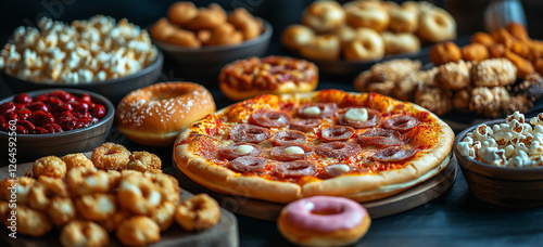 Wallpaper Mural A high-quality image showcasing a pile of fast food favorites, including cheesy pizza slices, crispy chicken wings, juicy burgers, and an assortment of snacks such as buttery popcorn, glazed donuts, Torontodigital.ca