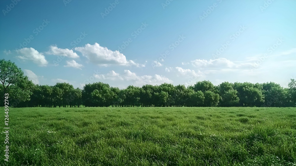 Green Field with Lush Grass and Trees Under a Blue Sky Green Field with Lush Grass and Trees Under a Blue Sky