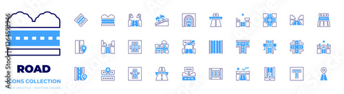 Road icon collection. Bold line style. Duotone colors. end of priority, road, highway, crossroad, crosswalk, map, tunnel, dead end street, billboard, motorway, roundabout, sign, racing game