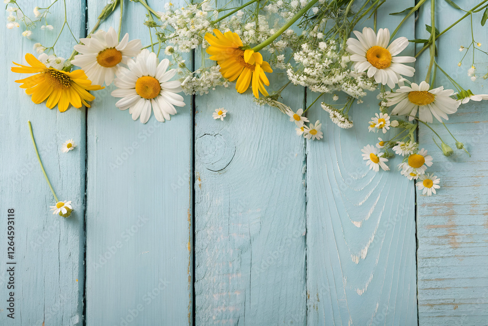 Obraz premium Yellow And White Wildflowers On Light Blue Wooden Surface A Rustic Floral