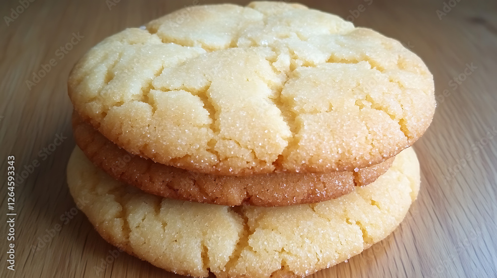 Stack of Three Golden Sugar Cookies on Wooden Table Top Sweet Treat Baked Confections Yummy Delights Stack of Three Golden Sugar Cookies on Wooden Table Top Sweet Treat Baked Confections Yummy Delights