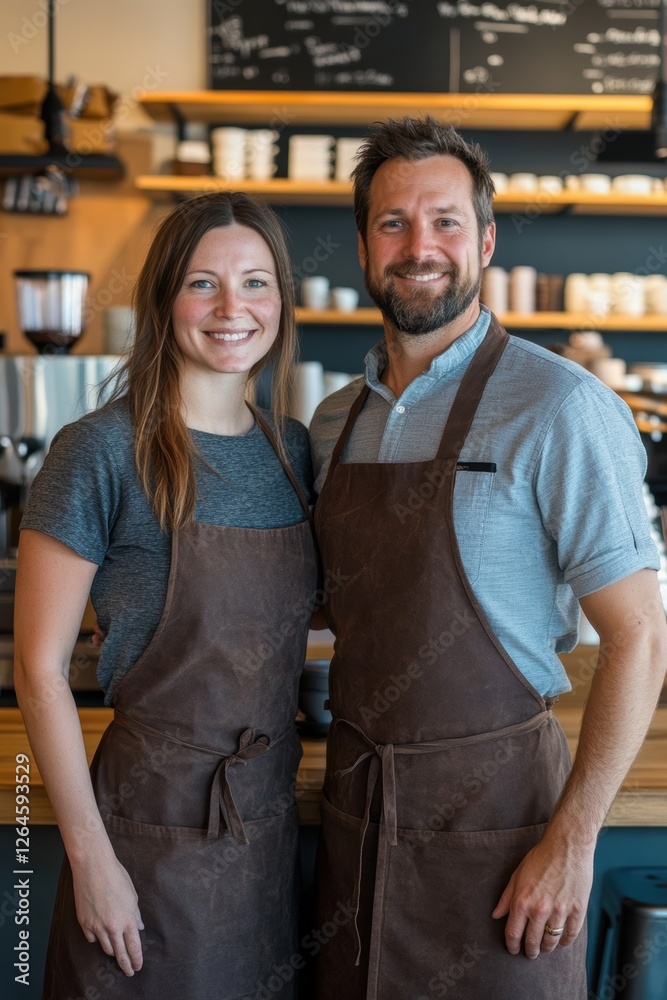Obraz premium Baristas at a Coffee Shop Smiling Behind the Counter in Modern CafÃ© Setting with Stylish Decor and Freshly Brewed Coffee
