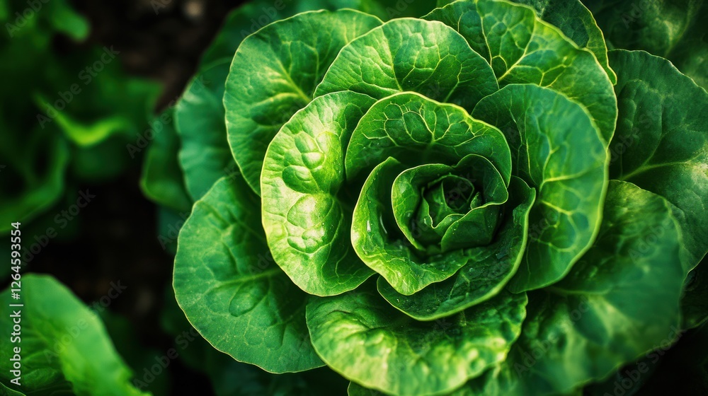 Obraz premium Vibrant close-up of a head of lettuce showcasing its intricate leaves