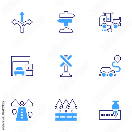 Road icon set. Bold line style. Duotone colors. Editable stroke. directional sign, sign, road marking truck, road, architecture and city, placeholder, choice, toll