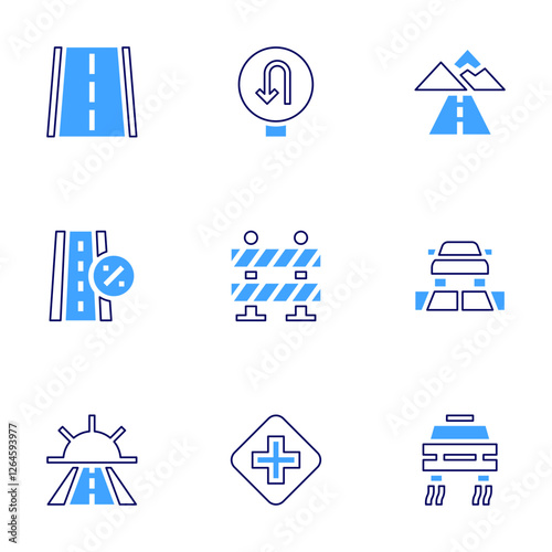 Road icon set. Bold line style. Duotone colors. Editable stroke. road, street, positive attitude, u turn, road block, cross road, car, smooth road.