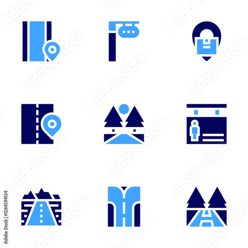 Road icon set. Bold style. Duotone colors. architecture and city, tracking, trafficlights, pedestrian, road, fork road, highway.