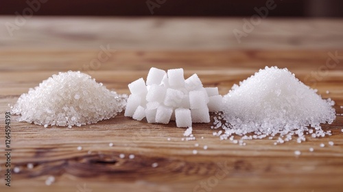 Different forms of sugar are elegantly displayed on a rustic wooden table. The fine granules, larger crystals, and cubes create a delightful contrast, showcasing texture and form photo