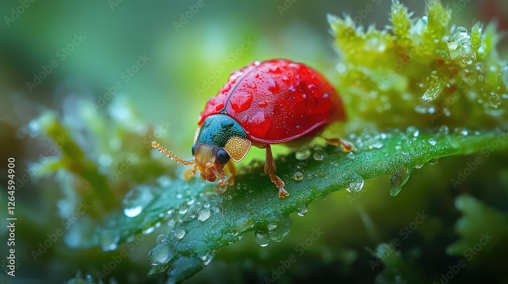 Obraz premium A detailed macro shot of a ladybug perched on a dewy leaf, the bright red shell contrasting beautifully with the green