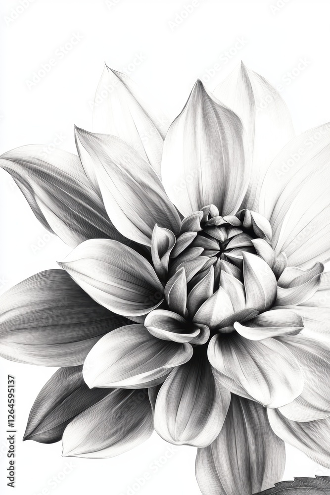 Fototapeta premium Black and White Flower Illustration, Beautiful Floral Design for Home Decor, Artistic Lotus Drawing for Print and Digital Use
