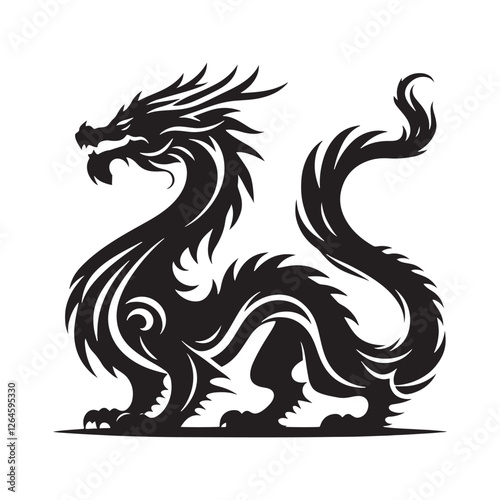 Dragon silhouette with wings spread wide for dramatic fantasy impact - Dragon illustration - Dragon vector - mythical creature silhouette
