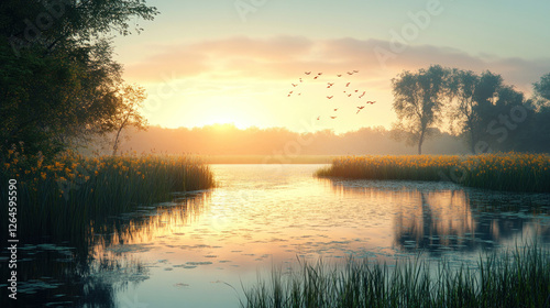 Marshes with dragonflies hovering above still water, reeds swaying in a gentle breeze