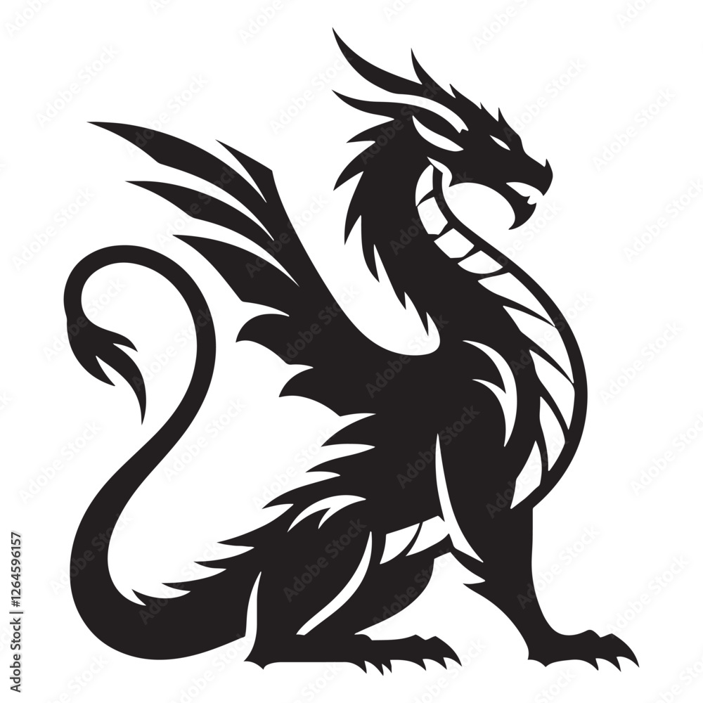 Obraz premium Dark fantasy Dragon silhouette created for magical and epic compositions - Dragon illustration - Dragon vector - mythical creature silhouette 