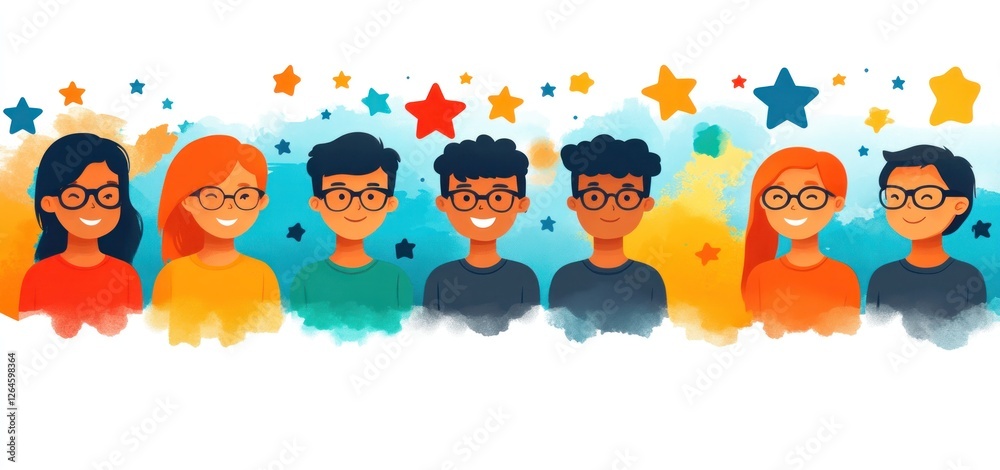 Fototapeta premium Diverse Group of Smiling Children Wearing Glasses, Celebratory Stars Background