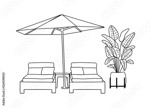 Beach umbrella and Sun loungers. Sunbeds with parasol. Set of outdoor, patio, garden furniture, interior, landscape design elements. Vacation icon, summertime relax. Vector illustration isolated.