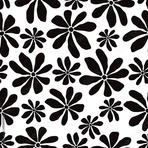 Retro Groovy mid century flower seamless pattern, black and white matisse floral background