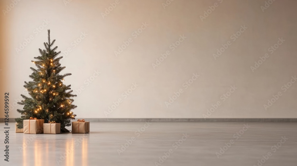 Decorated Christmas tree with warm lights and wrapped gifts on a minimalistic background. Cozy holiday concept with festive decorations Decorated Christmas tree with warm lights and wrapped gifts on a minimalistic background. Cozy holiday concept with festive decorations
