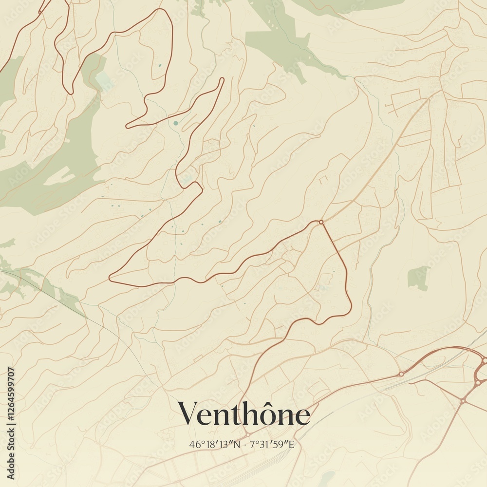 Fototapeta premium Vintage map of Venthône, Switzerland.
