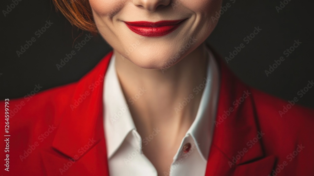 Close-up of woman's smiling lips and red jacket. Close-up of woman's smiling lips and red jacket.