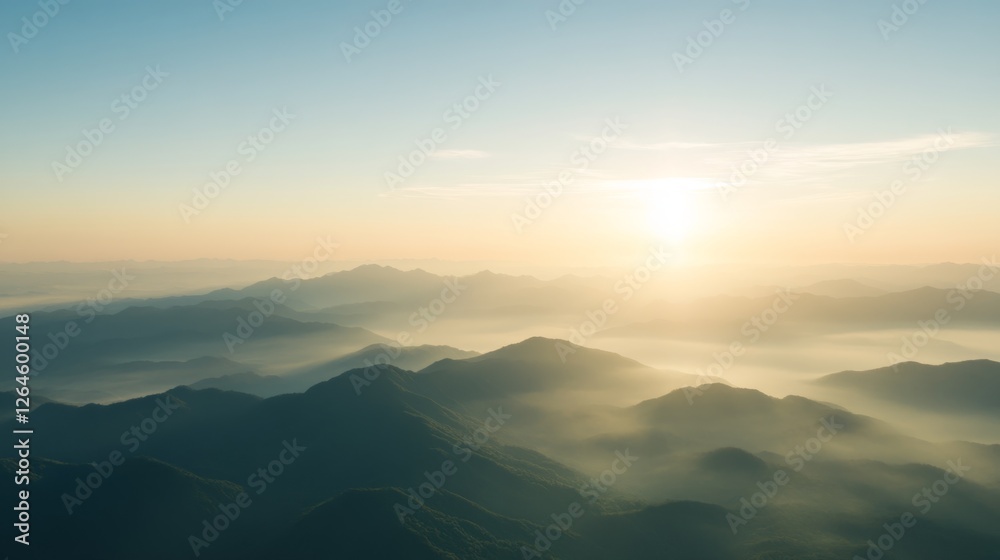Serene misty mountains at sunrise with soft golden light, creating a peaceful and dreamy atmosphere, perfect for nature and tranquility concepts Serene misty mountains at sunrise with soft golden light, creating a peaceful and dreamy atmosphere, perfect for nature and tranquility concepts