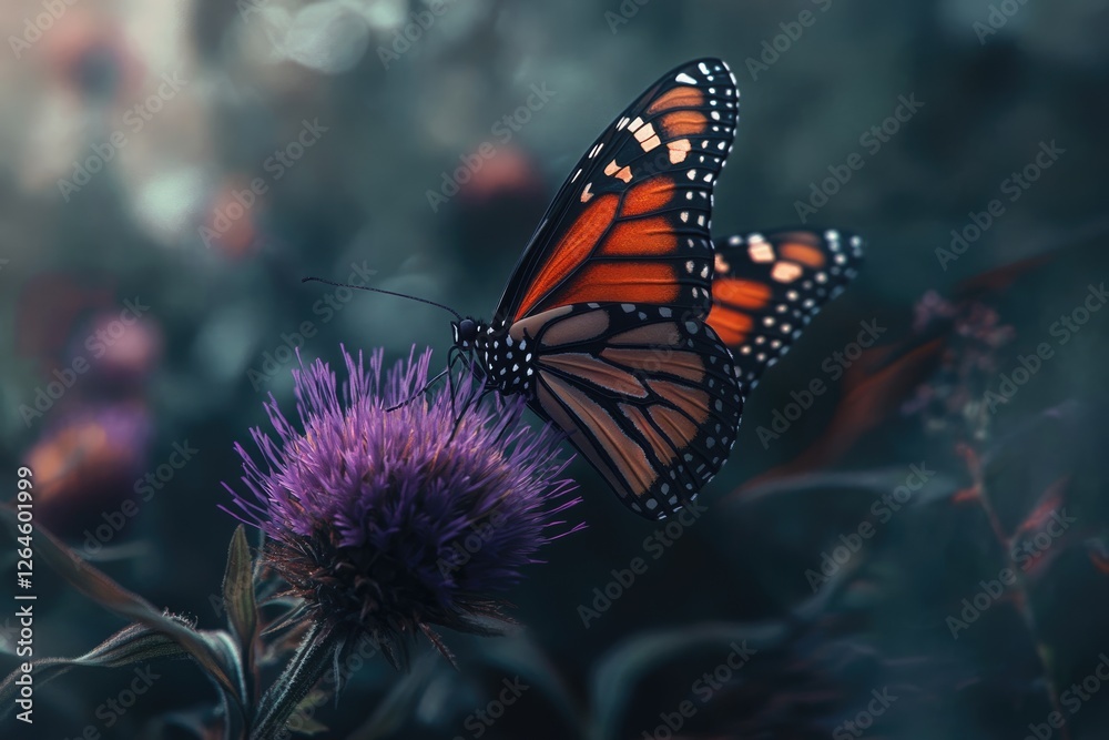 Obraz premium A monarch butterfly with orange and black wings delicately perched on a vibrant purple thistle flower.