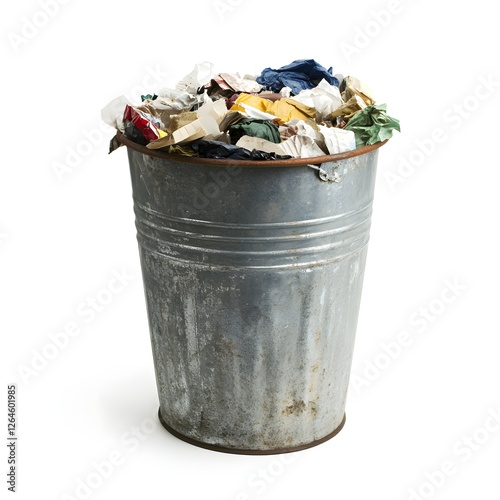 Overfull metal trash can overflowing with waste against white background