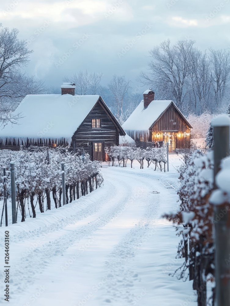 Two wooden cabins sit in a snowy vineyard landscape Two wooden cabins sit in a snowy vineyard landscape