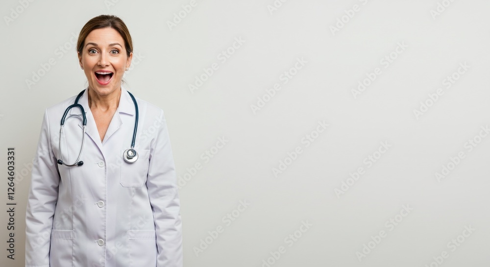 Enthusiastic Female Doctor in White Coat with Stethoscope Smiling in Medical Office Photograph Enthusiastic Female Doctor in White Coat with Stethoscope Smiling in Medical Office Photograph