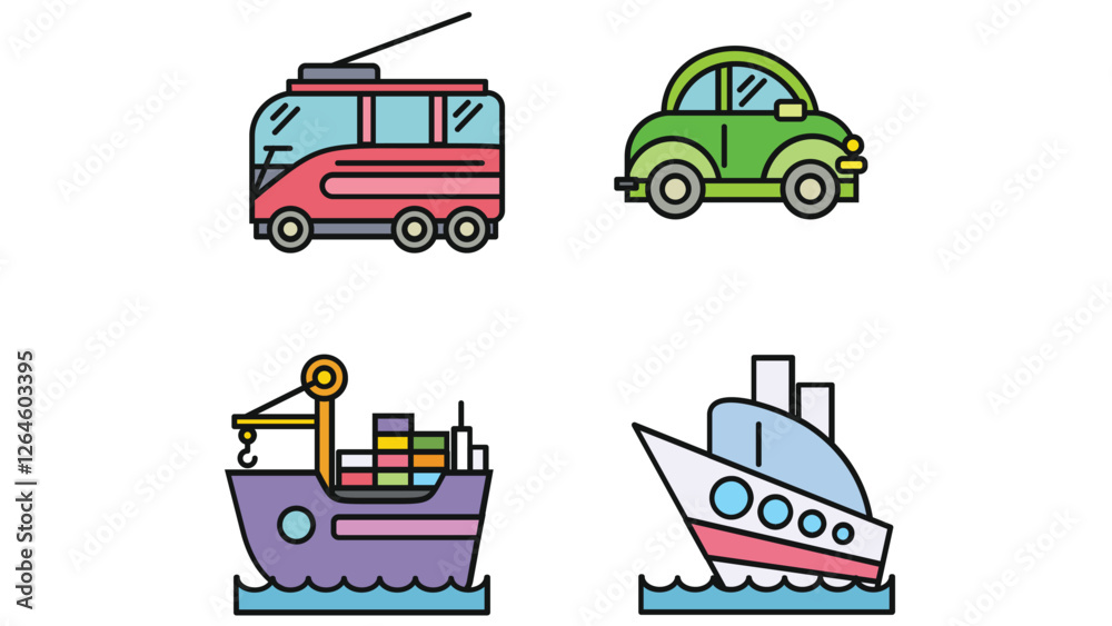 Naklejka premium Transportation and types of vehicles vector art illustration