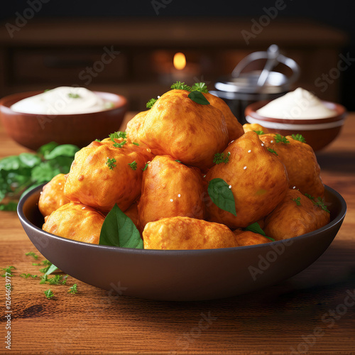 indian famous snack called bhajiya or bhujiya made from gram flour photo