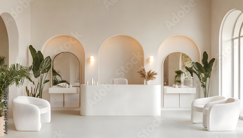 Modern spa reception area with arched windows
