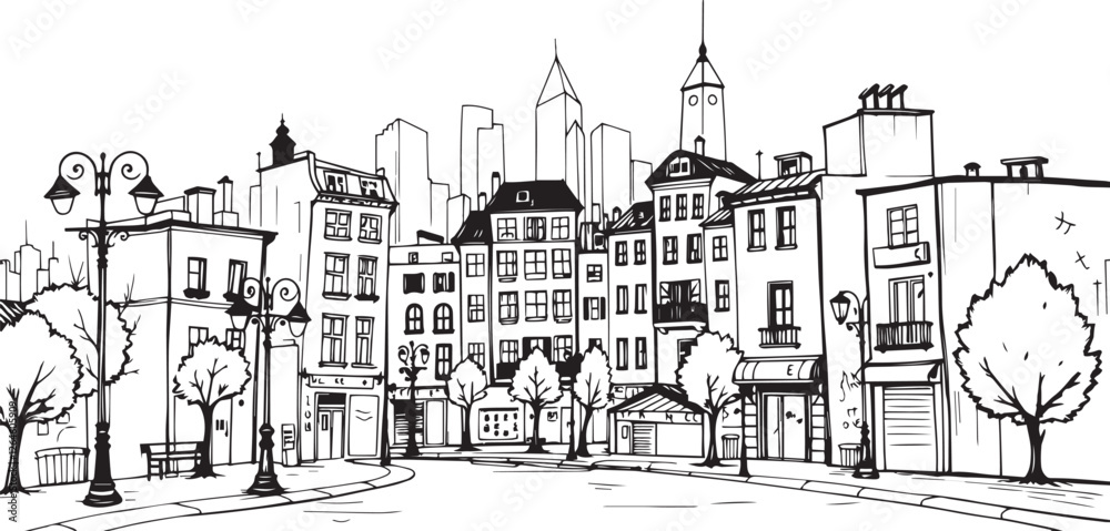 Obraz premium City landscape. Different buildings on street, outline cityscape hand sketch, flat houses. Hand drawn vector illustration