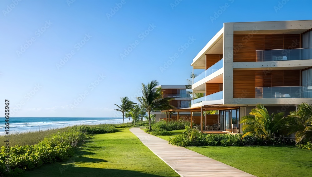 Obraz premium Coastal modern homes, walkway, ocean view, tropical landscaping